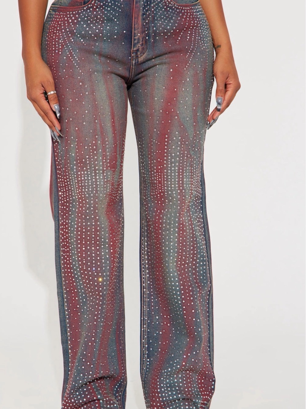 Fashion Nova Blue and Red Wash Straight Leg Jeans with Studs